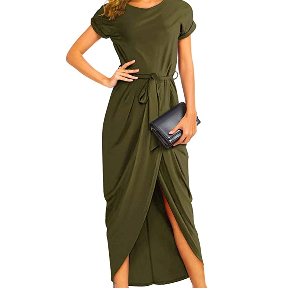 Army Green Short Sleeve Long Dress with Belt